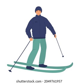Young man riding on skis on snow, winter. Flat vector illustration in cartoon style. sport