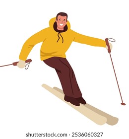 Young man riding on skis on snow, winter. Flat vector illustration in hand drawn style.