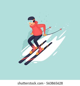 Young man riding on skis on snow, winter. Flat vector illustration in cartoon style. 