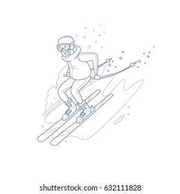 Young man riding on skis on snow, winter. Thin line. Flat vector illustration in cartoon style.