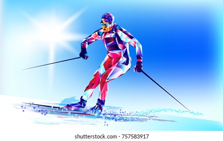 Young man riding on skis on white background, winter, Olympic. Vector illustration in triangular style. Vector illustration in a geometric triangle of XXIII style Winter Olympics games

