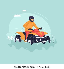 Young man riding a quad bike. Vector illustration of a flat design.