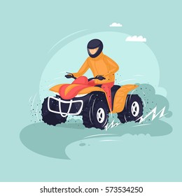 Young man riding a quad bike. Vector illustration of a flat design.