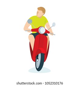 Young man riding red scooter motor bike.
Front view scooter and scooter driver flat style vector illustration.