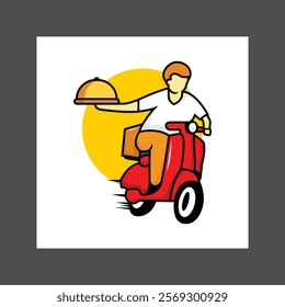 A young man riding a red scooter with a food delivery box on the back, against a yellow sun backdrop