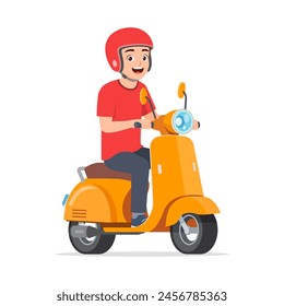 young man riding scooter and feel happy