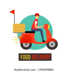 Junger Mann, der Motorroller fährt. Vektorillustration des Food Delivery Service-Konzepts auf weißem Hintergrund. Schnelle und kostenlose Lieferung von Lebensmitteln. Uber essen, Futter holen, Fastfood für die Landung Seite, Web, mobile App, Poster.