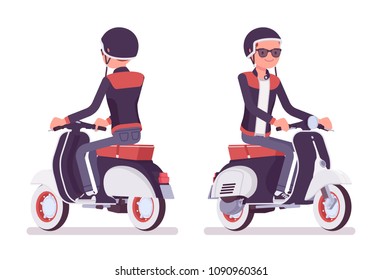 Young man riding a scooter. Millennial boy on motorbike wearing helmet, trendy leather jacket with round buttoned collar, skinny fit jeans, youth urban fashion. Vector flat style cartoon illustration