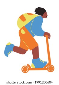 Young man riding scooter modern urban background. Ecological transport concept. Flat style. Vector illustration.