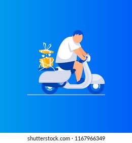 Young man riding  scooter motor bike in flat style vector  illustration. Gift delivery  
