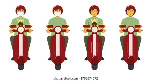 Young man riding a scooter on a white background, front view. Man in helmet with dog and medical mask on scooter. Vector flat illustration.