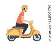 Young Man Riding Scooter, Side View of Guy in Helmet Driving Yellow Motorbike Cartoon Style Vector Illustration