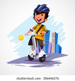  young man riding segway gyropode electric two wheels vehicle on a city tour - vector illustration