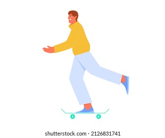 Joven montando patineta y haciendo deporte. Ilustración vectorial en estilo plano
