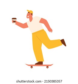 Young man riding skateboard and holding a cup of coffee. Happy male in a cap. Coffee to go or delivery concept with character. Vector illustration.