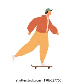 Young man riding skateboard, pushing with foot. Cool skater guy on skate board. Modern skateboarder moving forward. Flat vector illustration of street sport activity isolated on white background