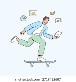 Hombre joven que monta el monopatín mientras que trabaja en un ordenador portátil. Ilustración vectorial plana. 
