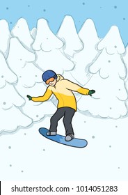 A young man riding a snowboard amongst the snow-covered trees. Snowboarding, extreme winter sport, active recreation. Vector Illustration.