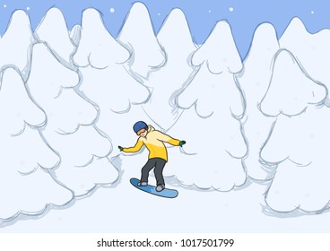 A young man riding a snowboard amongst the snow-covered trees. Snowboarding, extreme winter sport, active recreation. Vector Illustration.