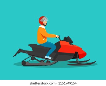 Young man riding Snowmobile isolated. Vector flat style illustration