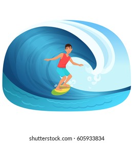 Young man riding a surfboard in the wave vector illustartion.