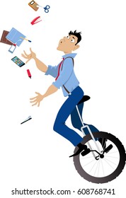 Young Man Riding A Unicycle And Attempting To Juggle Office Tools, EPS 8 Vector Illustration