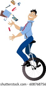 Young Man Riding A Unicycle And Juggling Office Tools, EPS 8 Vector Illustration