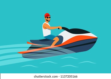 Young man riding watercraft isolated. Vector flat style illustration