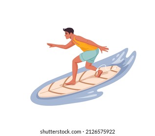 Young man riding wave on a surfboard. Surfer isolated character standing on board, teenager boy surfing in ocean. Summer vacation tropical beach activity or watersports vector personage