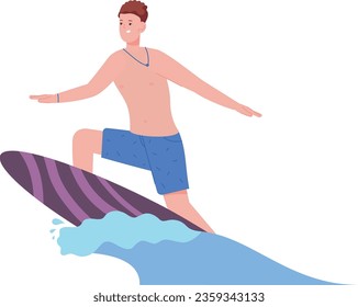 Hombre joven montando una ola en la tabla de surf. Deportes acuáticos de verano aislados en fondo blanco