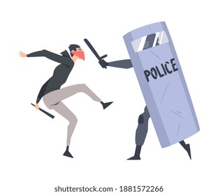 Young Man Rioter with Covered Face Fighting with Armed Policeman Defending with Shield Vector Illustration