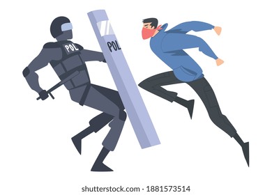 Young Man Rioter with Covered Face Fighting with Armed Policeman Defending with Shield Vector Illustration