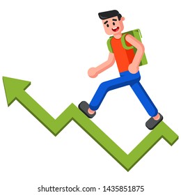 young man rises up the arrow. the tourist is coming. growth trisism. Funny flat vector illustration.