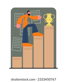 Young man rising up by stairs reaching goals. Handsome employees move up career ladder and achieve goals by successfully completing tasks. Flat vector illustration in cartoon style