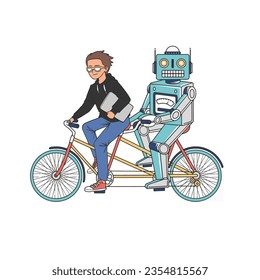 Young man and robot riding on tandem bicycle. Vector hand drawn illustration 