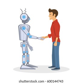 Young man and robot shaking hands. Human and artificial intelligent partnership concept