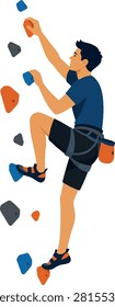Young man rock climbing wall side profile facing left full body flat vector illustration