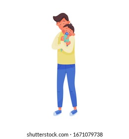 Young Man Rocking Child in His Arms Vector Illustration. Dad Nursing His Kid
