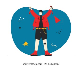 Young man in rockstar pose, wearing red jacket, black shorts and red shoes, his hair looks messy and he raised both hands up while holding microphone, rock n' roll vector illustration.