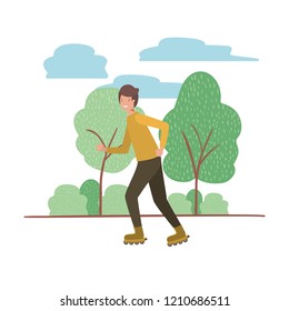 young man with roller skates in landscape