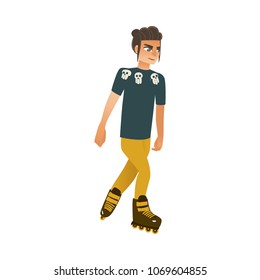 Young man roller skating isolated on white background - cartoon guy rollerblading for summer active rest concept. Vector illustration of male character on summertime leisure.