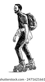 Young man roller skating, realistic hand drawing isolated on white, vector illustration