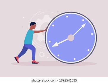 Young man is rolling a big clock. Deadline, time management concept. Colorful flat vector illustration