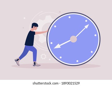 El joven está haciendo un gran reloj. Plazo, concepto de gestión del tiempo. Ilustración de vector plana colorida