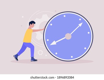 El joven está haciendo un gran reloj. Plazo, concepto de gestión del tiempo. Ilustración de vector plana colorida
