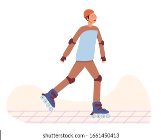 Young man Rolling Roller Skates.  Flat Vector Illustration