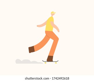 Young man rolling skateboard. Flat cartoon character vector.