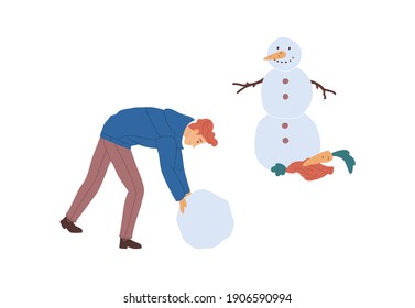 Young man rolling snowball and making snowman with carrot nose and arms from branches. Winter activity. Colored flat vector illustration isolated on white background