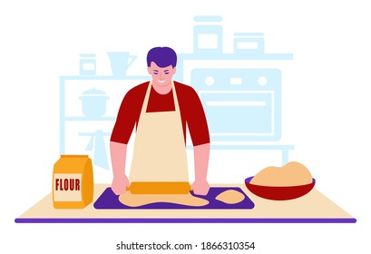 A young man rolls out the dough with a rolling pin. Makes pastries. Against the background of the kitchen interior. Vector illustration in flat style.