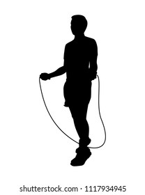 Young man with rope in hand for rope jumping silhouette vector